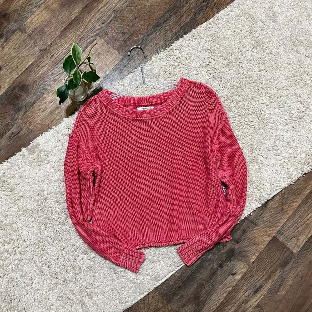 American Eagle XS Oversized Washed Out Pink Exposed Seam Easy Crewneck Sweater